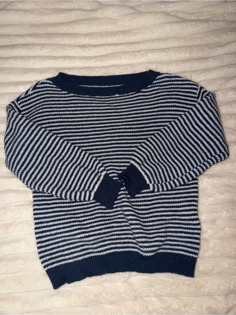 Striped Navy and White Women's Off the Shoulder Sweater